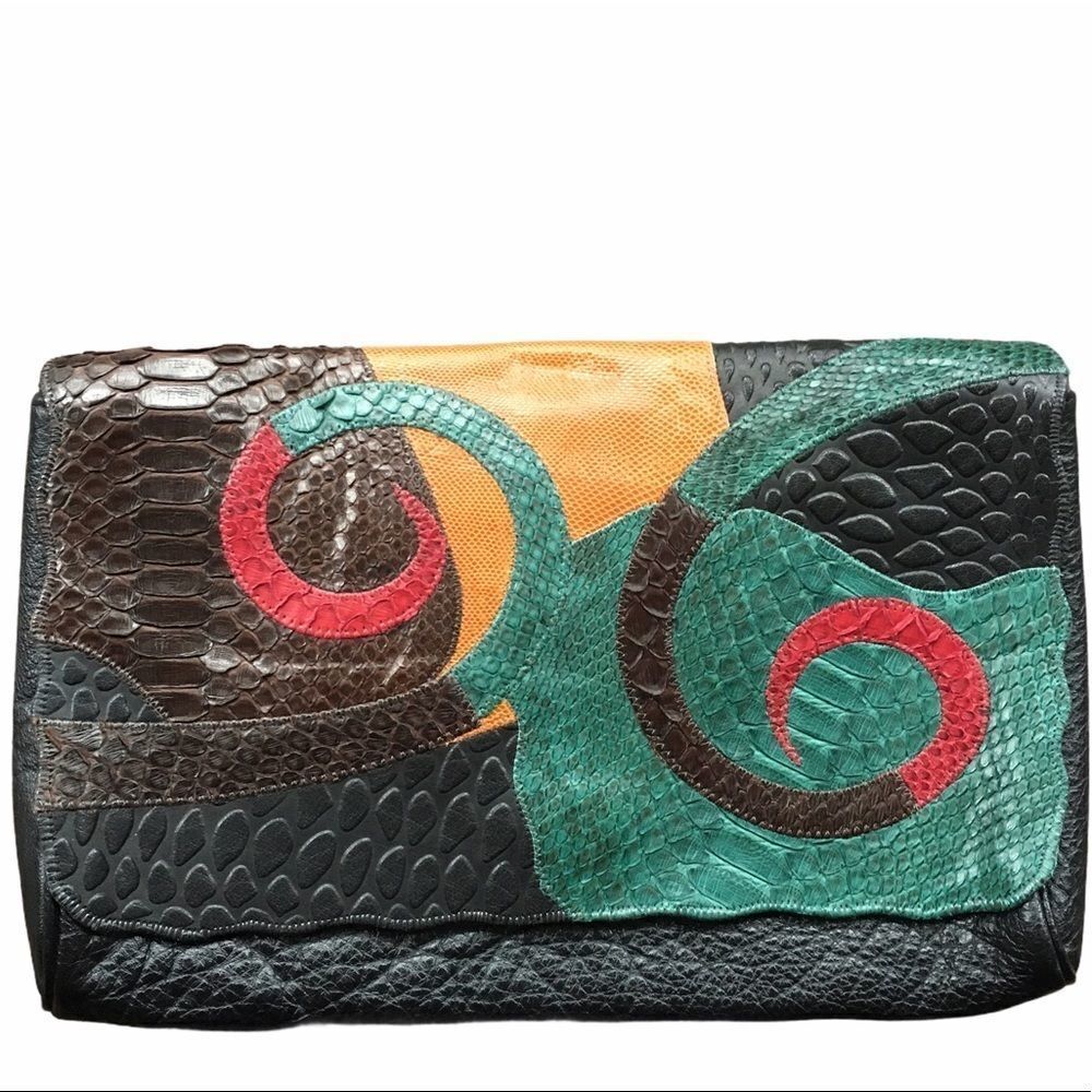 CARLOS FALCHI Vintage 80’s Patchwork Leather Snakeskin Lizard Clutch Purse Bag